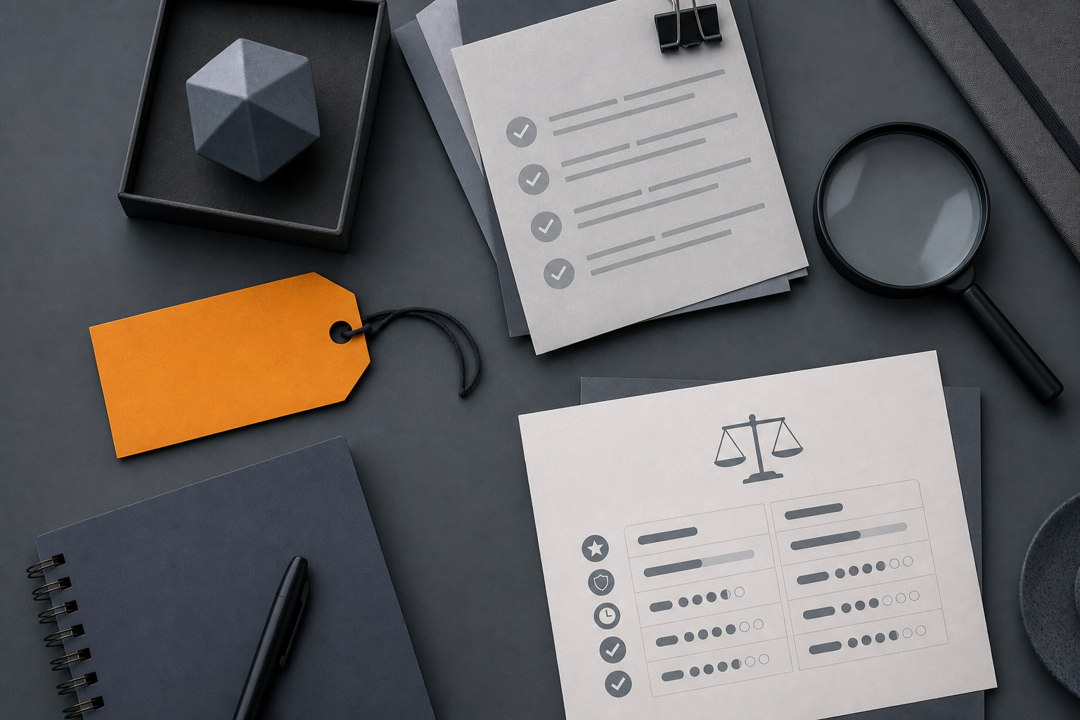 Independent editor's desk with comparison sheets and a disclosure tag