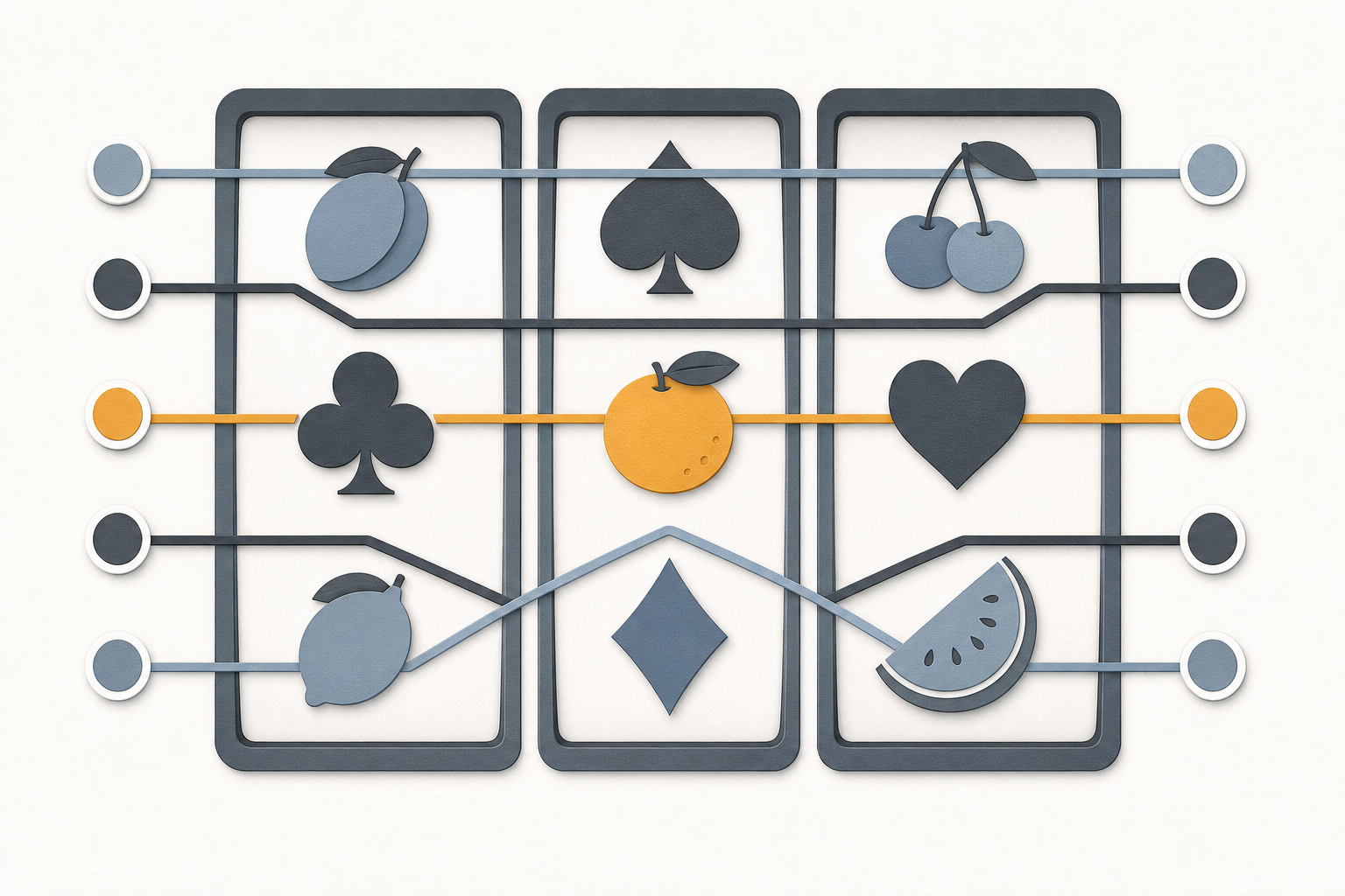 Three slot reels with several marked payline routes