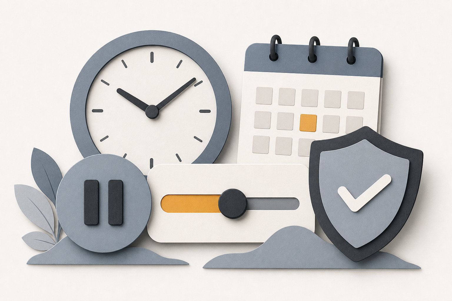 A clock, pause control, calendar and shield representing safer-play tools