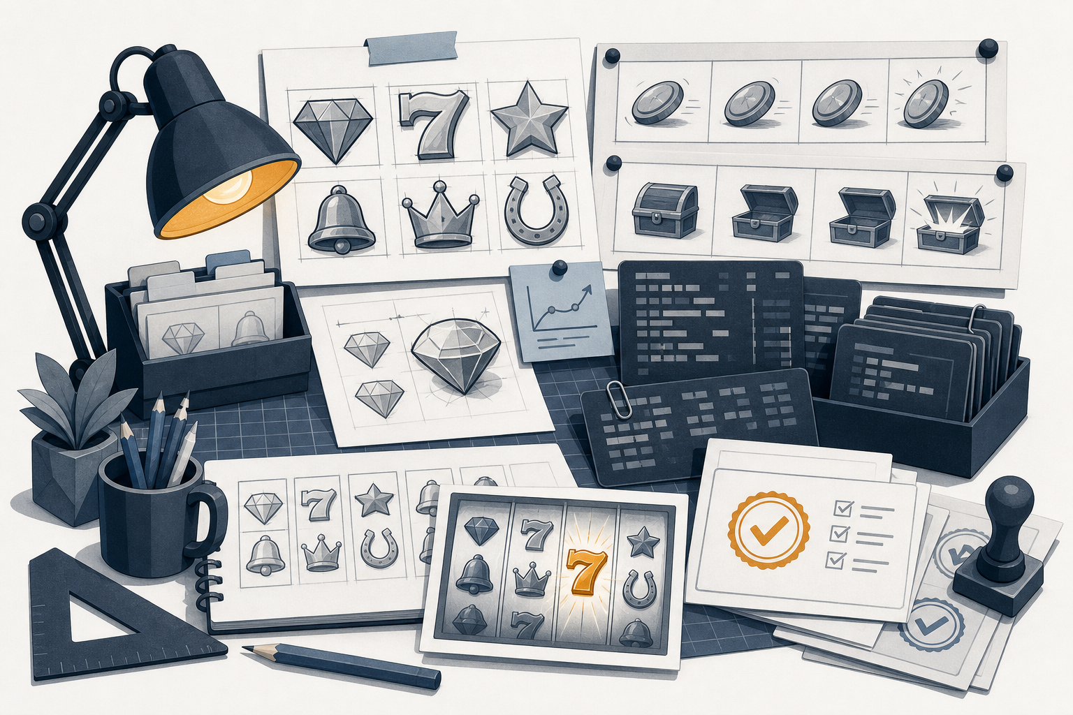 A game studio workbench with slot symbols and quality checks